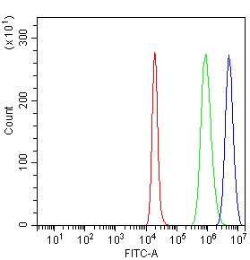 Flow cytometry testing of fixed and permeabilized human SH-SY5Y cells with Abelson interactor 2 antibody at 1ug/million cells (blocked with goat sera); Red=cells alone, Green=isotype control, Blue= Abelson interactor 2 antibody.