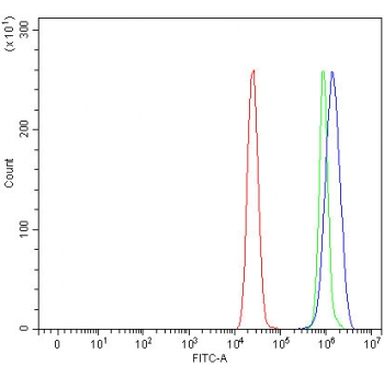 Flow cytometry testing of human MCF7 cells with RASGRP1 antibody at 1ug/million cells (blocked with goat sera); Red=cells alone, Green=isotype control, Blue= RASGRP1 antibody.