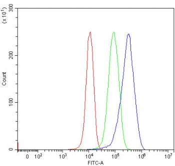 Flow cytometry testing of human U-87 MG cells with Nesprin 3 antibody at 1ug/million cells (blocked with goat sera); Red=cells alone, Green=isotype control, Blue= Nesprin 3 antibody.