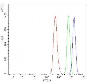 Flow cytometry testing of fixed and permeabilized human HeLa cells with RTCB antibody at 1ug/million cells (blocked with goat sera); Red=cells alone, Green=isotype control, Blue= RTCB antibody.
