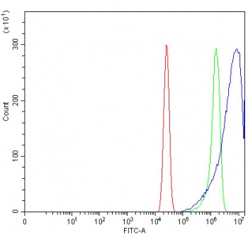Flow cytometry testing of human A431 cells with RPS17 antibody at 1ug/million cells (blocked with goat sera); Red=cells alone, Green=isotype control, Blue= RPS17 antibody.