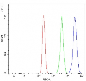 Flow cytometry testing of fixed and permeabilized human HL60 cells with RPS13 antibody at 1ug/million cells (blocked with goat sera); Red=cells alone, Green=isotype control, Blue= RPS13 antibody.