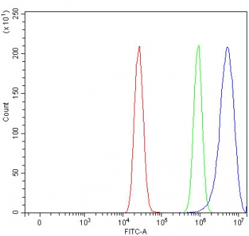 Flow cytometry testing of fixed and permeabilized human MCF7 cells with PPP1R15B antibody at 1ug/million cells (blocked with goat sera); Red=cells alone, Green=isotype control, Blue= PPP1R15B antibody.