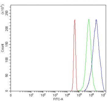 Flow cytometry testing of fixed and permeabilized human JK cells with PPAN antibody at 1ug/million cells (blocked with goat sera); Red=cells alone, Green=isotype control, Blue= PPAN antibody.