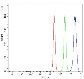 Flow cytometry testing of fixed and permeabilized human U937 cells with NDUFA5 antibody at 1ug/million cells (blocked with goat sera); Red=cells alone, Green=isotype control, Blue= NDUFA5 antibody.
