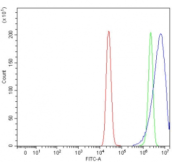 Flow cytometry testing of fixed and permeabilized human MCF7 cells with Biliverdin reductase B antibody at 1ug/million cells (blocked with goat sera); Red=cells alone, Green=isotype control, Blue= Biliverdin reductase B antibody.