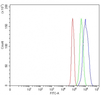 Flow cytometry testing of fixed and permeabilized human JK cells with CBP80 antibody at 1ug/million cells (blocked with goat sera); Red=cells alone, Green=isotype control, Blue= CBP80 antibody.