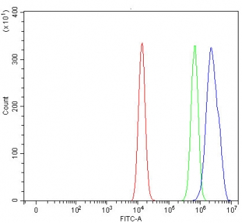 Flow cytometry testing of fixed and permeabilized human HEL cells with NFRKB antibody at 1ug/million cells (blocked with goat sera); Red=cells alone, Green=isotype control, Blue= NFRKB antibody.