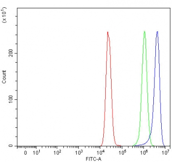 Flow cytometry testing of fixed and permeabilized human MCF7 cells with Prosaposin antibody at 1ug/million cells (blocked with goat sera); Red=cells alone, Green=isotype control, Blue= Prosaposin antibody.