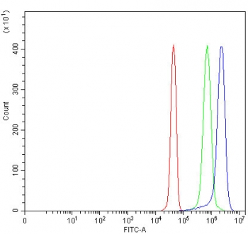 Flow cytometry testing of fixed and permeabilized human JK cells with Proteasome subunit beta type 9 antibody at 1ug/million cells (blocked with goat sera); Red=cells alone, Green=isotype control, Blue= Proteasome subunit beta type 9 antibody.