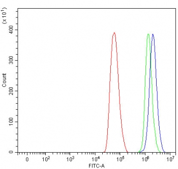 Flow cytometry testing of fixed and permeabilized human HeLa cells with NCOR2 antibody at 1ug/million cells (blocked with goat sera); Red=cells alone, Green=isotype control, Blue= NCOR2 antibody.