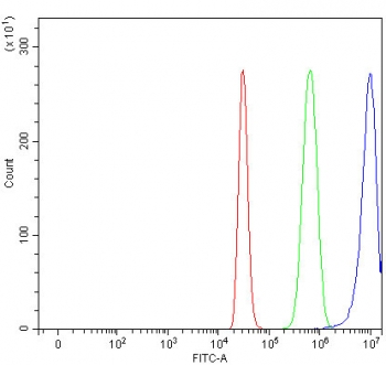 Flow cytometry testing of fixed and permeabilized human HepG2 cells with TWF2 antibody at 1ug/million cells (blocked with goat sera); Red=cells alone, Green=isotype control, Blue= TWF2 antibody.