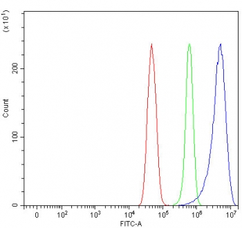 Flow cytometry testing of fixed and permeabilized human U-251 cells with PRRC2C antibody at 1ug/million cells (blocked with goat sera); Red=cells alone, Green=isotype control, Blue= PRRC2C antibody.