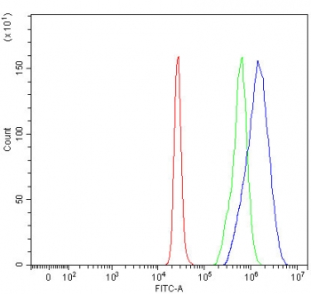 Flow cytometry testing of fixed and permeabilized human 293T cells with NSUN2 antibody at 1ug/million cells (blocked with goat sera); Red=cells alone, Green=isotype control, Blue= NSUN2 antibody.