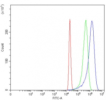 Flow cytometry testing of fixed and permeabilized human 293T cells with MARK3 antibody at 1ug/million cells (blocked with goat sera); Red=cells alone, Green=isotype control, Blue= MARK3 antibody.