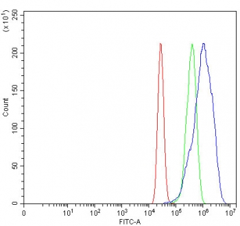 Flow cytometry testing of fixed and permeabilized human MCF7 cells with MNAT1 antibody at 1ug/million cells (blocked with goat sera); Red=cells alone, Green=isotype control, Blue= MNAT1 antibody.