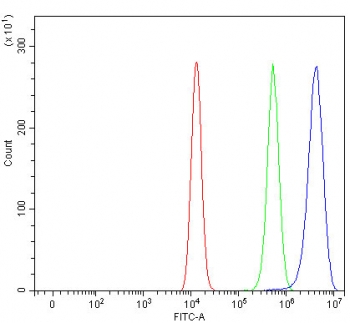Flow cytometry testing of fixed and permeabilized human HEL cells with MIS18A antibody at 1ug/million cells (blocked with goat sera); Red=cells alone, Green=isotype control, Blue= MIS18A antibody.