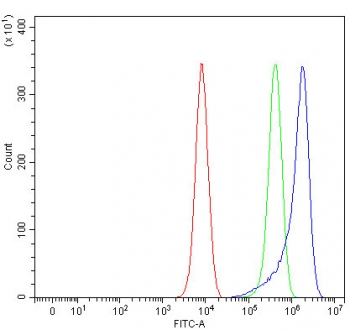 Flow cytometry testing of fixed and permeabilized human K562 cells with RSPH3 antibody at 1ug/million cells (blocked with goat sera); Red=cells alone, Green=isotype control, Blue= RSPH3 antibody.