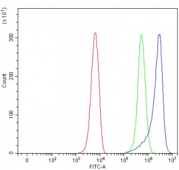 Flow cytometry testing of fixed and permeabilized human K562 cells with MICAL-like protein 2 antibody at 1ug/million cells (blocked with goat sera); Red=cells alone, Green=isotype control, Blue= MICAL-like protein 2 antibody.