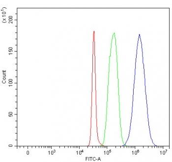 Flow cytometry testing of fixed and permeabilized human SH-SY5Y cells with PRRT1 antibody at 1ug/million cells (blocked with goat sera); Red=cells alone, Green=isotype control, Blue= PRRT1 antibody.