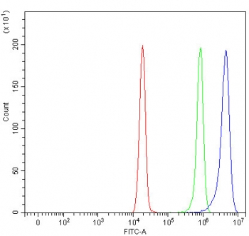 Flow cytometry testing of fixed and permeabilized human HeLa cells with NAP1L5 antibody at 1ug/million cells (blocked with goat sera); Red=cells alone, Green=isotype control, Blue= NAP1L5 antibody.