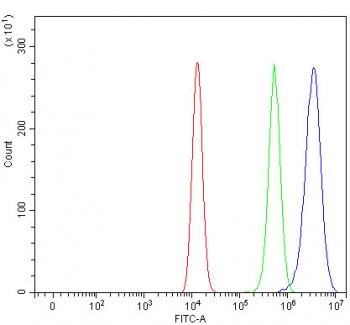 Flow cytometry testing of fixed and permeabilized human HEL cells with Aryl Hydrocarbon Receptor Repressor antibody at 1ug/million cells (blocked with goat sera); Red=cells alone, Green=isotype control, Blue= Aryl Hydrocarbon Receptor Repressor antibody.