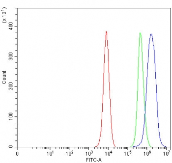 Flow cytometry testing of fixed and permeabilized human K562 cells with LRIG2 antibody at 1ug/million cells (blocked with goat sera); Red=cells alone, Green=isotype control, Blue= LRIG2 antibody.