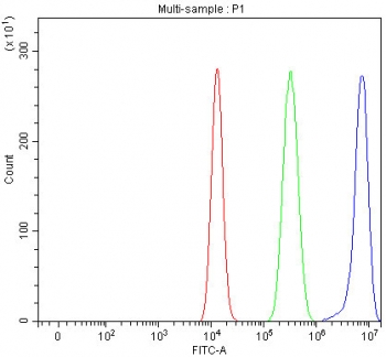 Flow cytometry testing of fixed and permeabilized human HEL cells with LYPLA2 antibody at 1ug/million cells (blocked with goat sera); Red=cells alone, Green=isotype control, Blue= LYPLA2 antibody.