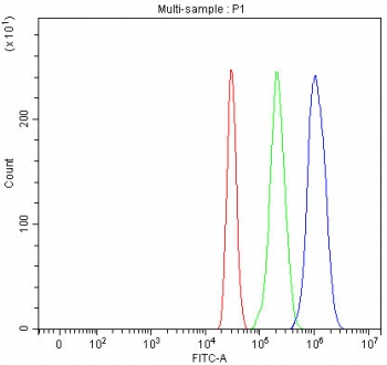 Flow cytometry testing of fixed and permeabilized human HepG2 cells with IDH3A antibody at 1ug/million cells (blocked with goat sera); Red=cells alone, Green=isotype control, Blue= IDH3A antibody.