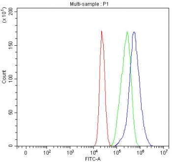 Flow cytometry testing of fixed and permeabilized human MCF7 cells with Diphosphomevalonate decarboxylase antibody at 1ug/million cells (blocked with goat sera); Red=cells alone, Green=isotype control, Blue= Diphosphomevalonate decarboxylase antibody.