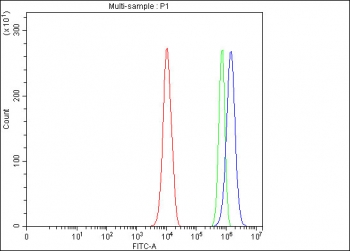 Flow cytometry testing of fixed and permeabilized human PC-3 cells with AF10 antibody at 1ug/million cells (blocked with goat sera); Red=cells alone, Green=isotype control, Blue= AF10 antibody.