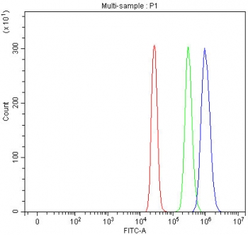 Flow cytometry testing of fixed and permeabilized human HepG2 cells with Amyloid-like protein 2 antibody at 1ug/million cells (blocked with goat sera); Red=cells alone, Green=isotype control, Blue= Amyloid-like protein 2 antibody.