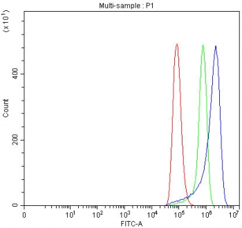 Flow cytometry testing of fixed and permeabilized human HeLa cells with RPL18 antibody at 1ug/million cells (blocked with goat sera); Red=cells alone, Green=isotype control, Blue= RPL18 antibody.