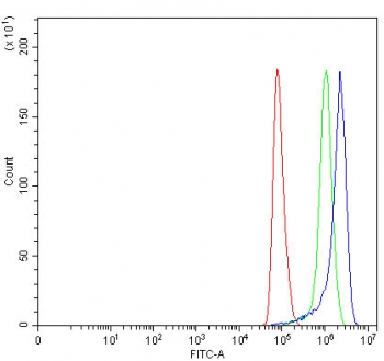 Flow cytometry testing of fixed and permeabilized human HeLa cells with Pyruvate dehydrogenase kinase 4 antibody at 1ug/million cells (blocked with goat sera); Red=cells alone, Green=isotype control, Blue= Pyruvate dehydrogenase kinase 4 antibody.