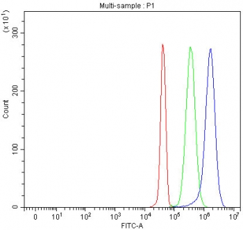 Flow cytometry testing of fixed and permeabilized human JK cells with LPCAT2 antibody at 1ug/million cells (blocked with goat sera); Red=cells alone, Green=isotype control, Blue= LPCAT2 antibody.