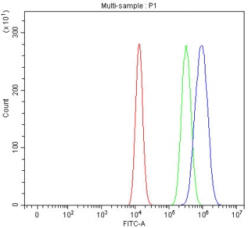 Flow cytometry testing of fixed and permeabilized human HEL cells with Josephin 2 antibody at 1ug/million cells (blocked with goat sera); Red=cells alone, Green=isotype control, Blue= Josephin 2 antibody.