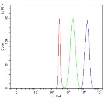 Flow cytometry testing of fixed and permeabilized human SH-SY5Y cells with PAIP1 antibody at 1ug/million cells (blocked with goat sera); Red=cells alone, Green=isotype control, Blue= PAIP1 antibody.