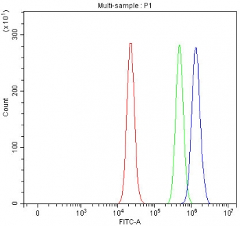 Flow cytometry testing of fixed and permeabilized human RT4 cells with LSG1 antibody at 1ug/million cells (blocked with goat sera); Red=cells alone, Green=isotype control, Blue= LSG1 antibody.