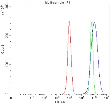 Flow cytometry testing of fixed and permeabilized human PC-3 cells with PCDHA6 antibody at 1ug/million cells (blocked with goat sera); Red=cells alone, Green=isotype control, Blue= PCDHA6 antibody.