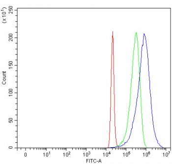 Flow cytometry testing of fixed and permeabilized human 293T cells with NSFL1C antibody at 1ug/million cells (blocked with goat sera); Red=cells alone, Green=isotype control, Blue= NSFL1C antibody.