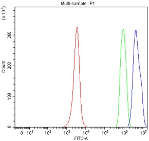 TARDBP Antibody JK Cell FACS. Flow cytometry testing of fixed and permeabilized human JK cells with TARDBP antibody at 1ug/million cells (blocked with goat sera); Red=cells alone, Green=isotype control, Blue= TARDBP antibody.