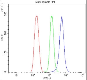 Flow cytometry testing of fixed and permeabilized mouse HEPA1-6 cells with Cyclooxygenase 2 antibody at 1ug/million cells (blocked with goat sera); Red=cells alone, Green=isotype control, Blue= Cyclooxygenase 2 antibody.