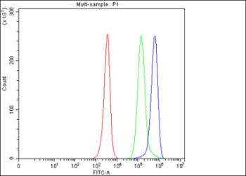 Flow cytometry testing of fixed and permeabilized human JK cells with SLC25A25 antibody at 1ug/million cells (blocked with goat sera); Red=cells alone, Green=isotype control, Blue= SLC25A25 antibody.