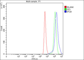 Flow cytometry testing of fixed and permeabilized human HeLa cells with IPO9 antibody at 1ug/million cells (blocked with goat sera); Red=cells alone, Green=isotype control, Blue= IPO9 antibody.