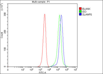 Flow cytometry testing of fixed human JK cells with SLAMF6 antibody at 1ug/million cells (blocked with goat sera); Red=cells alone, Green=isotype control, Blue= SLAMF6 antibody.
