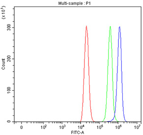 Flow cytometry testing of fixed and permeabilized human ThP-1 cells with GPX4 antibody at 1ug/million cells (blocked with goat sera); Red=cells alone, Green=isotype control, Blue= GPX4 antibody.