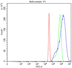 Flow cytometry testing of fixed and permeabilized human HeLa cells with GLRX antibody at 1ug/million cells (blocked with goat sera); Red=cells alone, Green=isotype control, Blue= GLRX antibody.