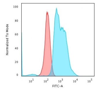 Flow cytometry testing of PFA-fixed human K562 cells with Nucleoli Marker antibody (clone NM95); Red=isotype control, Blue= Nucleoli Marker antibody.