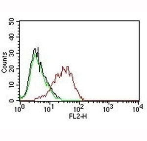 Flow cytometry testing of human MCF-7 cells. Black: cells alone; Green: isotype control; Red: EpCAM antibody.