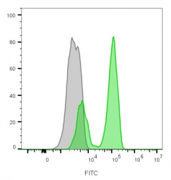 Flow cytometry staining of lymphocyte-gated human PBM cells with CF488A-labeled CD3e antibody clone CRIS-7. Gray=unstained, Green=CF488A-CD3e antibody.